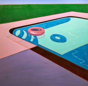 Melissa Chandon, Pink Floating Tube in Pool, 48”x48”, 2017