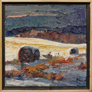 Jian Wang, Last Light Hay Bales in Snow Field, Oil on Canvas, 12”x12”, 2022-2026